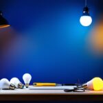 A photograph of a well-lit workspace featuring a variety of 200-watt led light bulbs in different designs and applications