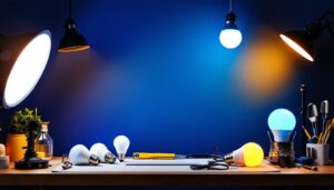 A photograph of a well-lit workspace featuring a variety of 200-watt led light bulbs in different designs and applications