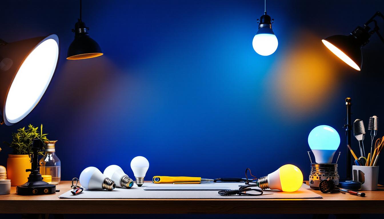 A photograph of a well-lit workspace featuring a variety of 200-watt led light bulbs in different designs and applications