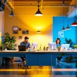 A photograph of capture a photograph of a well-lit workspace featuring both frame lights led installations and various alternative lighting options