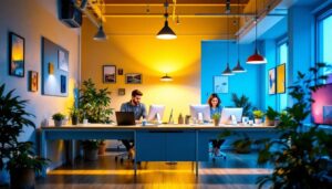 A photograph of capture a photograph of a well-lit workspace featuring both frame lights led installations and various alternative lighting options