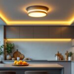 A photograph of a stylish flush mount ceiling light installed in a modern kitchen