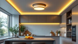 A photograph of a stylish flush mount ceiling light installed in a modern kitchen