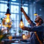 A photograph of a lighting contractor skillfully installing chain hanging lights in a well-lit workspace