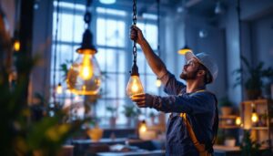 A photograph of a lighting contractor skillfully installing chain hanging lights in a well-lit workspace