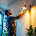 A photograph of a lighting contractor expertly installing or adjusting modern