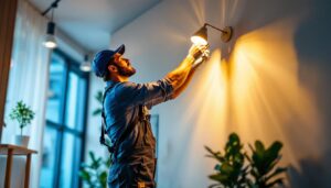 A photograph of a lighting contractor expertly installing or adjusting modern