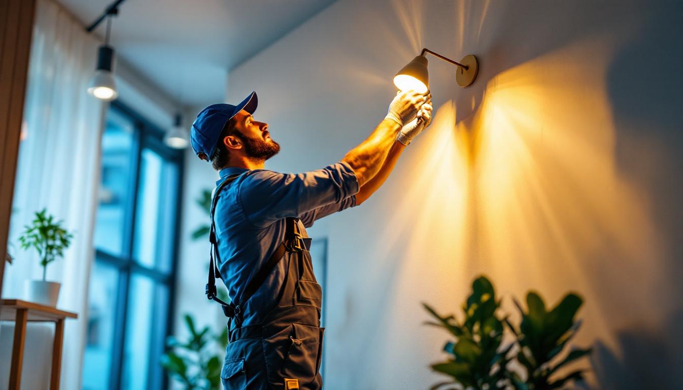 A photograph of a lighting contractor expertly installing or adjusting modern