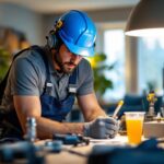 A photograph of a skilled lighting contractor at work