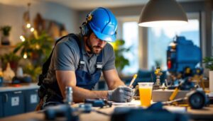 A photograph of a skilled lighting contractor at work