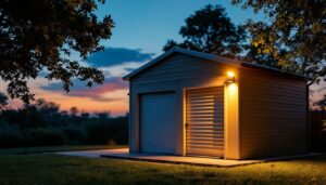 A photograph of a well-lit storage shed at dusk