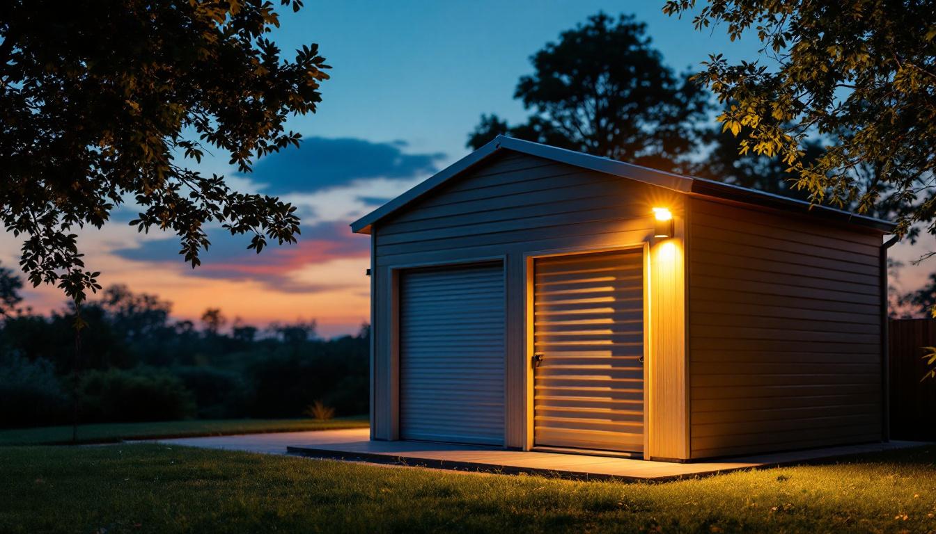 A photograph of a well-lit storage shed at dusk