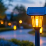 A photograph of capture a photograph of a beautifully designed solar lamp installed on a post in a landscaped outdoor setting