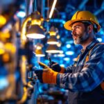 A photograph of a lighting contractor working on an innovative lighting installation