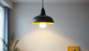 A photograph of a stylish black and white hanging light fixture in a modern interior setting