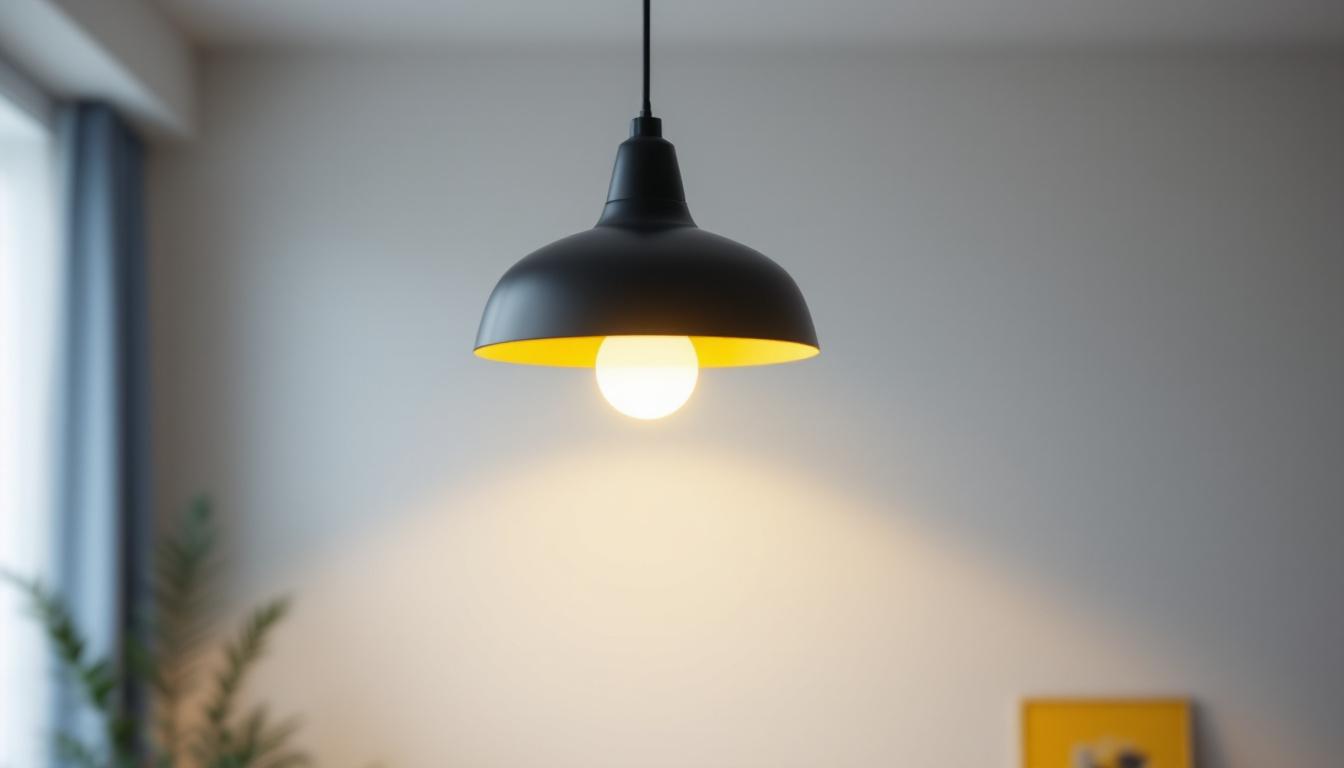 A photograph of a stylish black and white hanging light fixture in a modern interior setting