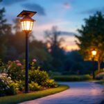 A photograph of a well-lit outdoor solar light post illuminating a beautifully landscaped garden or pathway at dusk