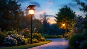 A photograph of a well-lit outdoor solar light post illuminating a beautifully landscaped garden or pathway at dusk