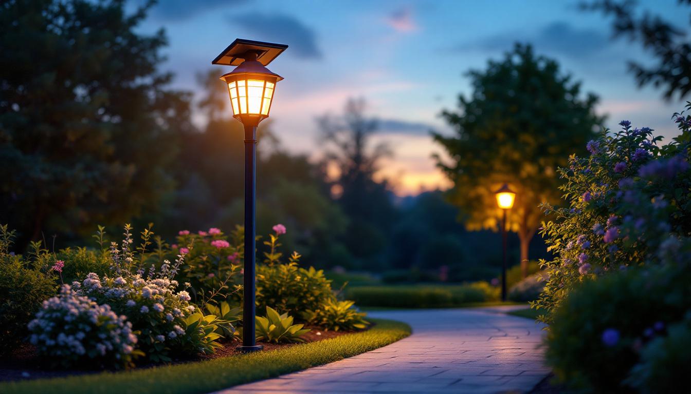 A photograph of a well-lit outdoor solar light post illuminating a beautifully landscaped garden or pathway at dusk