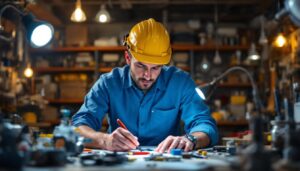 A photograph of a lighting contractor examining various electric light components and tools in a well-organized workshop
