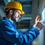A photograph of a lighting contractor inspecting or installing an exit emergency light in a commercial setting