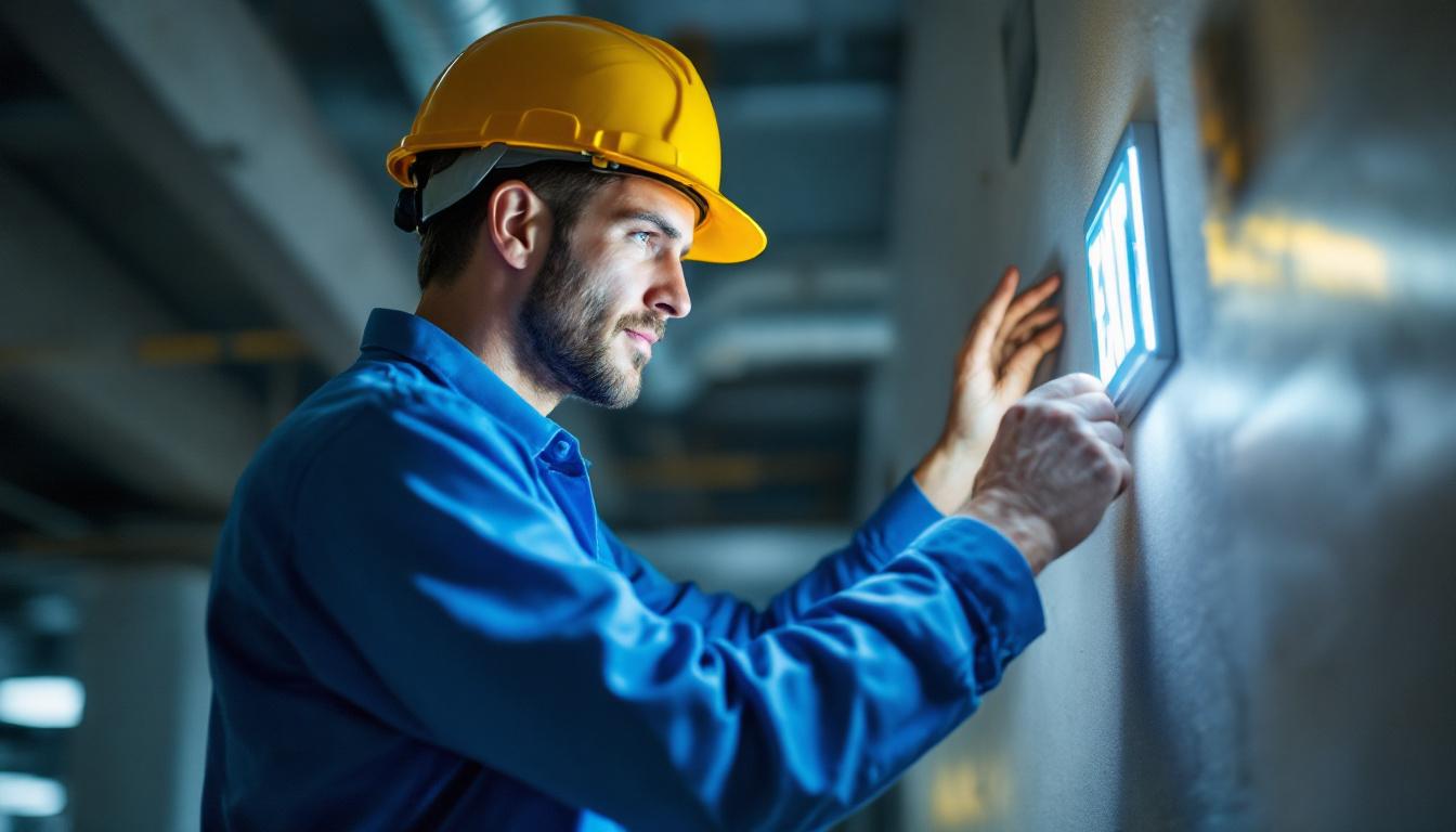 A photograph of a lighting contractor inspecting or installing an exit emergency light in a commercial setting