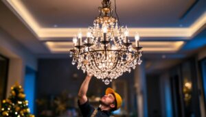 A photograph of a beautifully illuminated chandelier in a stylish interior setting