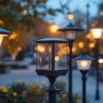 A photograph of a variety of stylish and functional lamp post replacement tops displayed in an outdoor setting