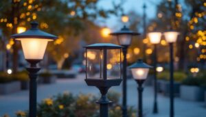 A photograph of a variety of stylish and functional lamp post replacement tops displayed in an outdoor setting