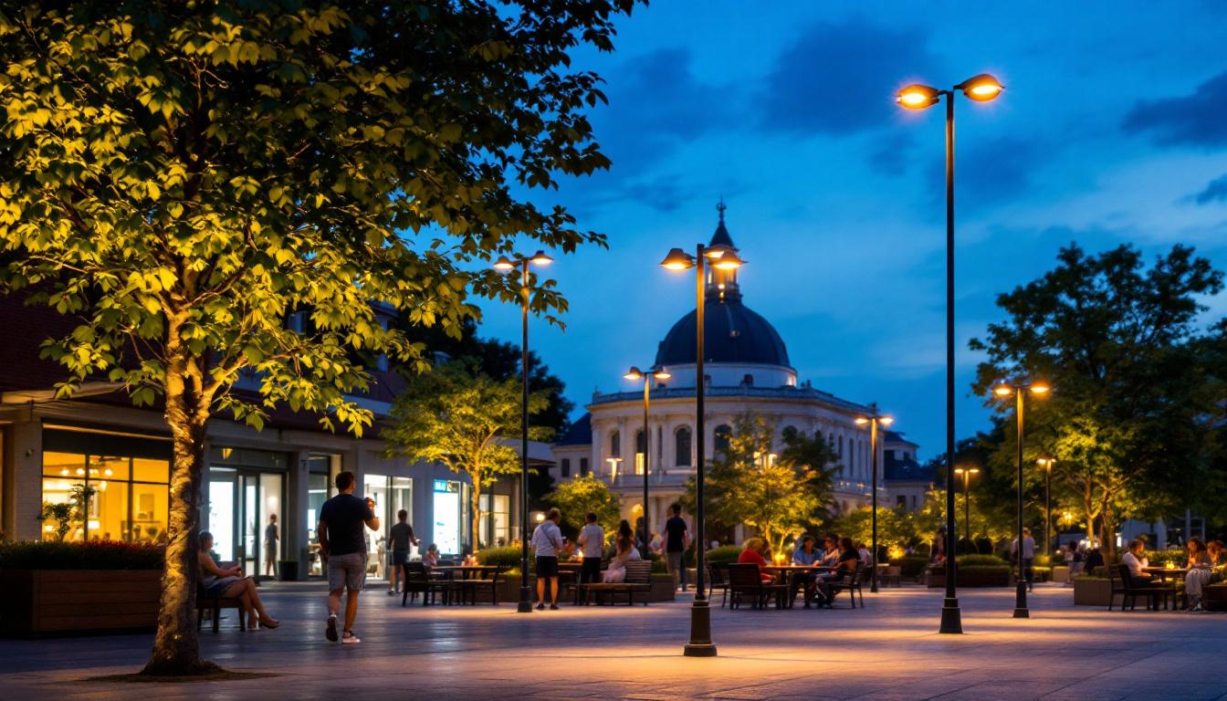 A photograph of a well-lit outdoor space featuring a variety of pole lighting installations in action