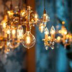 A photograph of a beautifully designed light chandelier in a stylishly lit room
