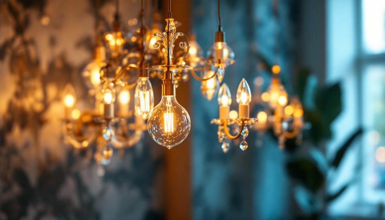 A photograph of a beautifully designed light chandelier in a stylishly lit room