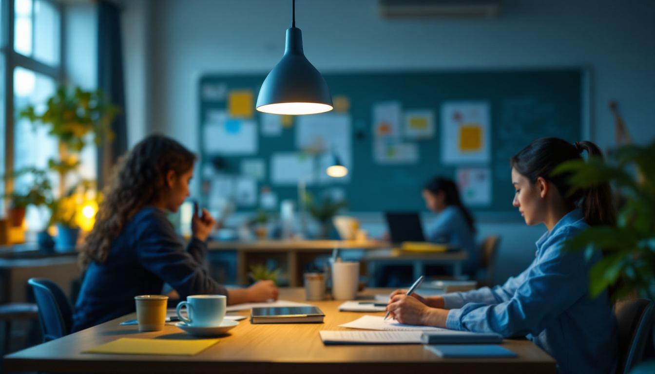 A photograph of a well-lit classroom setting featuring a modern lamp illuminating a workspace