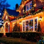 A photograph of a festive scene featuring beautifully arranged christmas lights on a home or commercial building