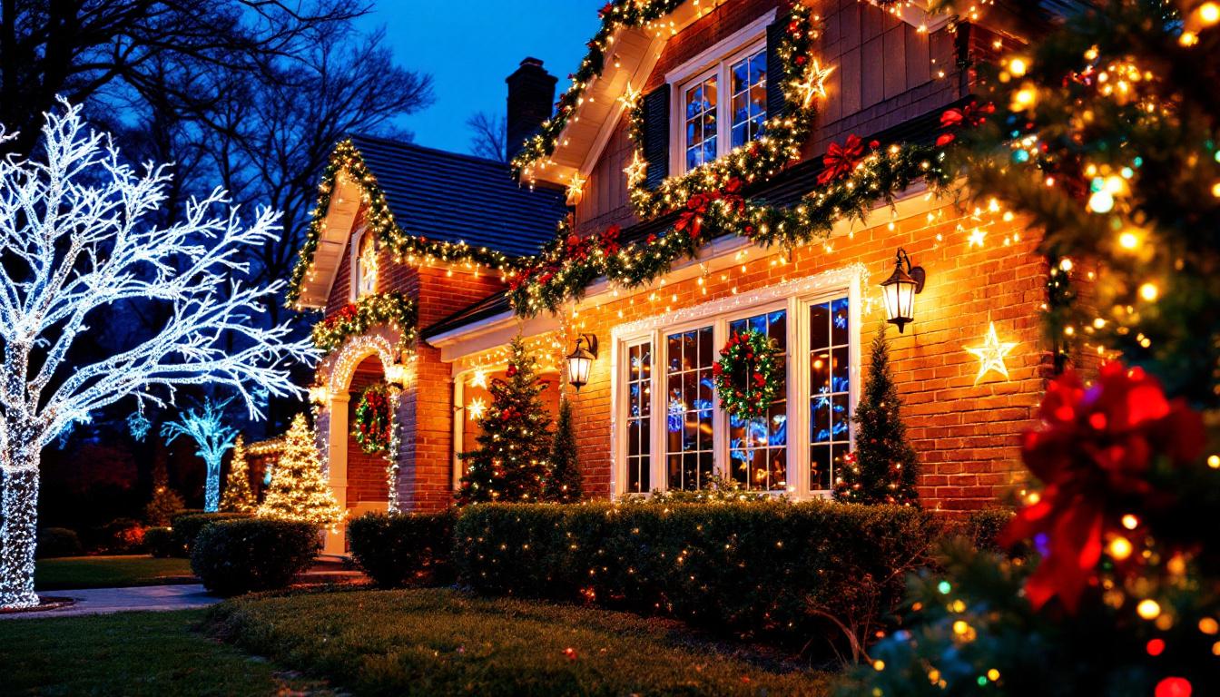 A photograph of a festive scene featuring beautifully arranged christmas lights on a home or commercial building