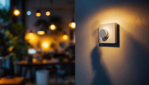 A photograph of a lighting contractor expertly adjusting a led lamp dimmer in a modern workspace