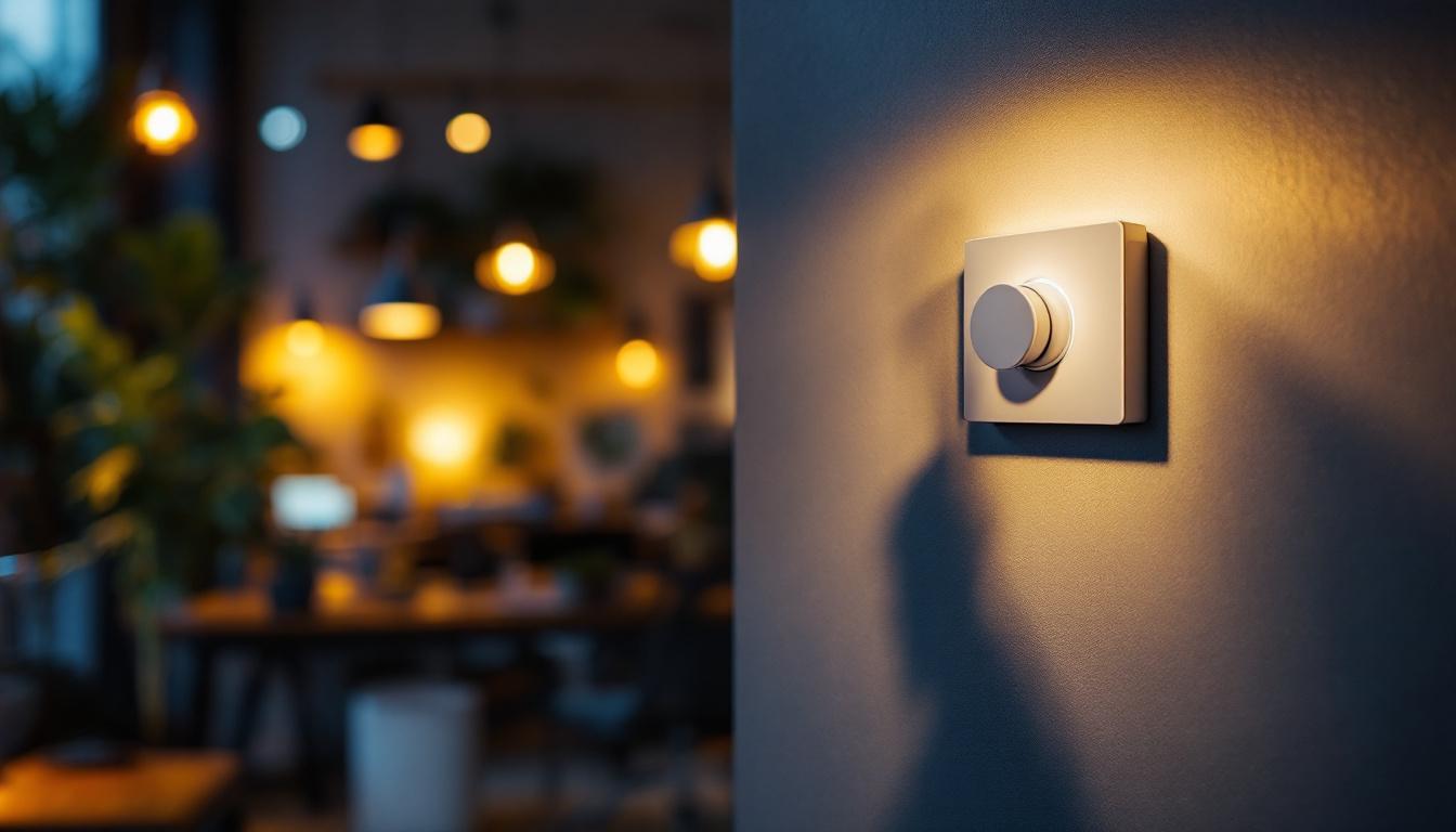 A photograph of a lighting contractor expertly adjusting a led lamp dimmer in a modern workspace