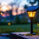 A photograph of a beautifully illuminated outdoor setting featuring solar-powered lights in use during twilight
