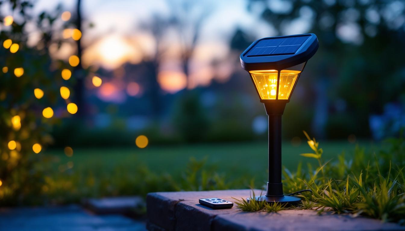 A photograph of a beautifully illuminated outdoor setting featuring solar-powered lights in use during twilight