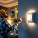 A photograph of a professional lighting contractor demonstrating the installation of a modern light switch in a stylishly lit room