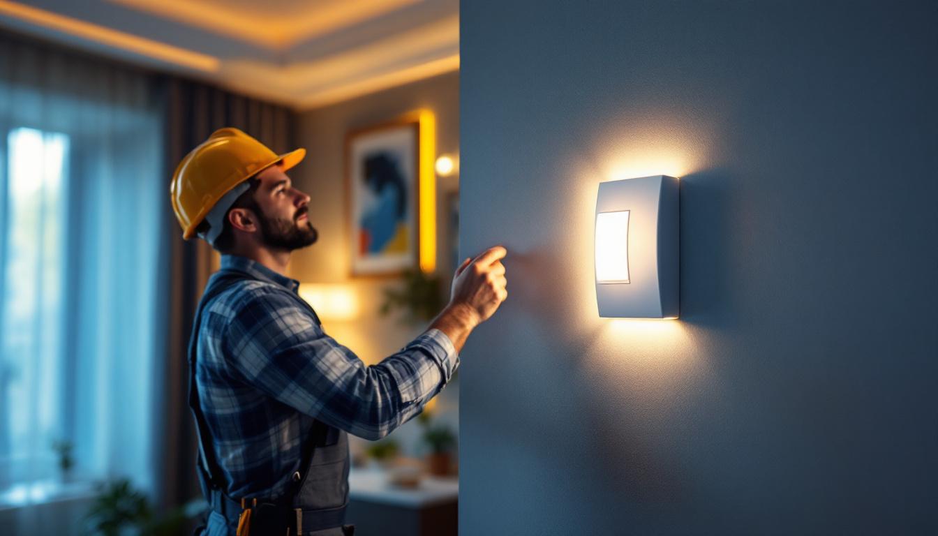 A photograph of a professional lighting contractor demonstrating the installation of a modern light switch in a stylishly lit room