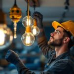 A photograph of a skilled lighting contractor expertly installing hanging lights in a stylish interior setting