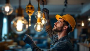 A photograph of a skilled lighting contractor expertly installing hanging lights in a stylish interior setting