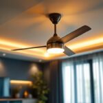 A photograph of a beautifully designed ceiling fan with integrated lighting
