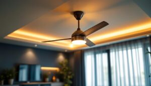 A photograph of a beautifully designed ceiling fan with integrated lighting