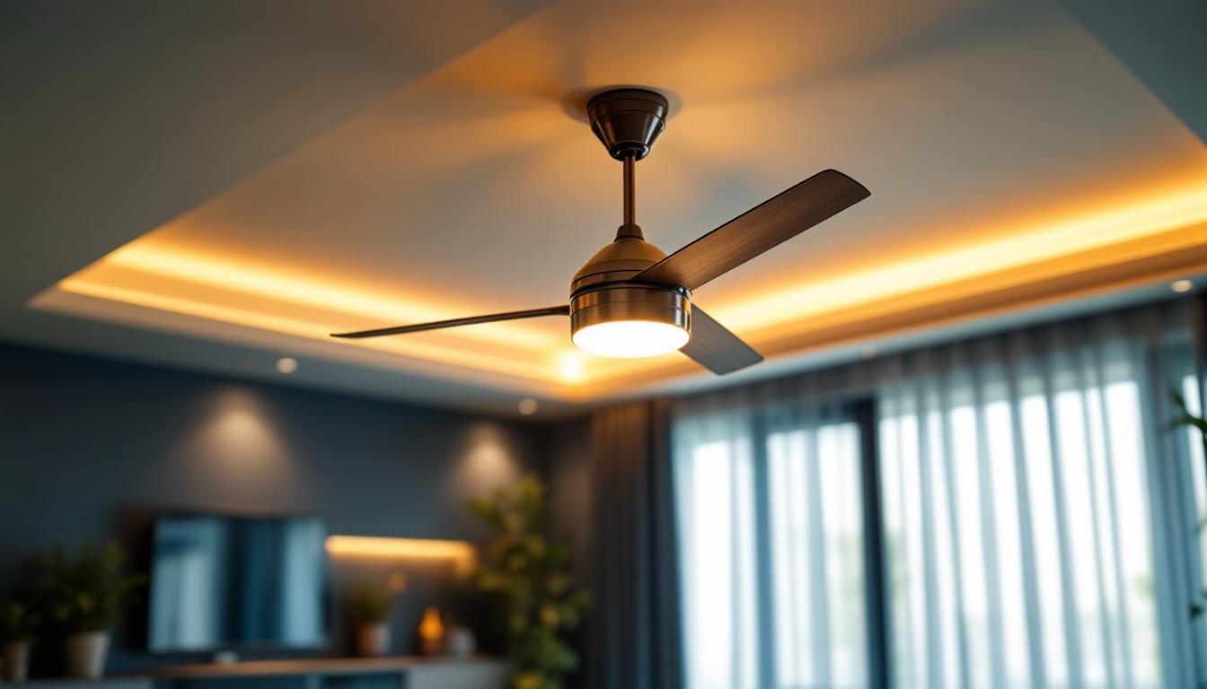 A photograph of a beautifully designed ceiling fan with integrated lighting