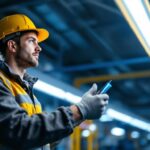 A photograph of a lighting contractor inspecting or installing led t8 lights in a commercial or industrial setting