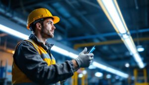 A photograph of a lighting contractor inspecting or installing led t8 lights in a commercial or industrial setting