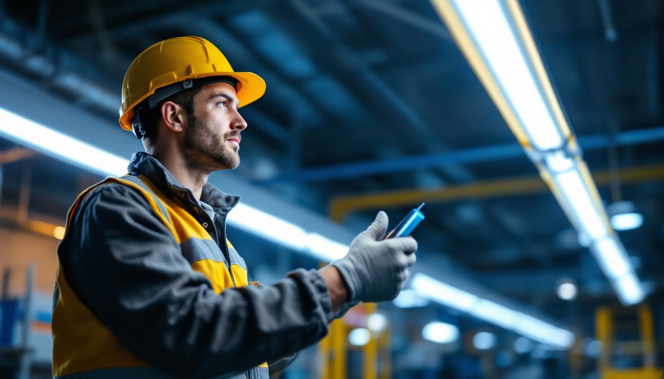 A photograph of a lighting contractor inspecting or installing led t8 lights in a commercial or industrial setting