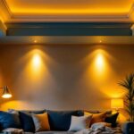 A photograph of a beautifully designed interior space featuring brass recessed lighting
